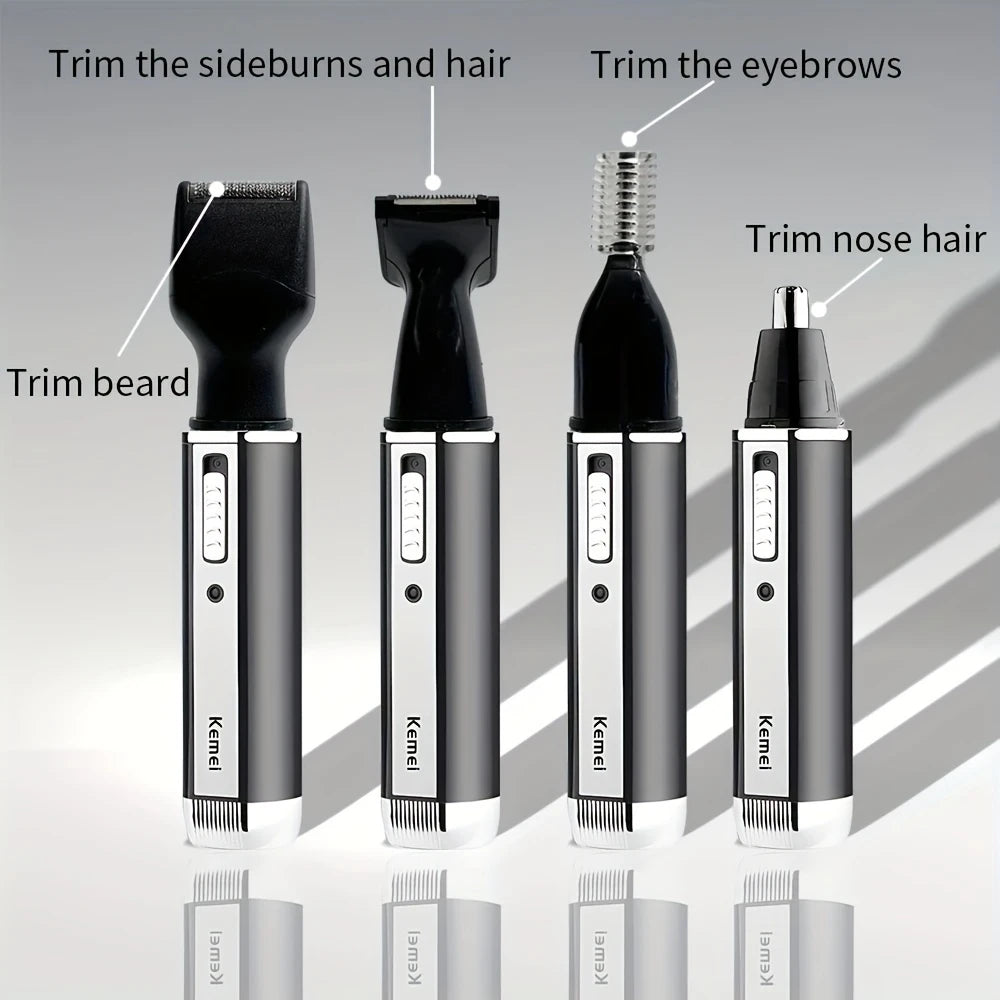 Kemei 4-in-1 Professional Grooming Kit | USB Rechargeable Nose & Ear Hair Trimmer, Beard and Eyebrow Razor