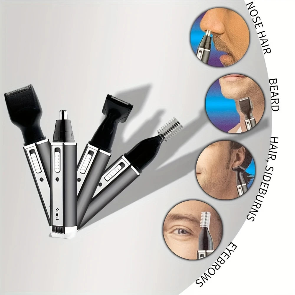 Kemei 4-in-1 Professional Grooming Kit | USB Rechargeable Nose & Ear Hair Trimmer, Beard and Eyebrow Razor